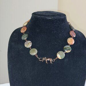 17" Necklace of jasper coin beads with unique bronze elephant clasp